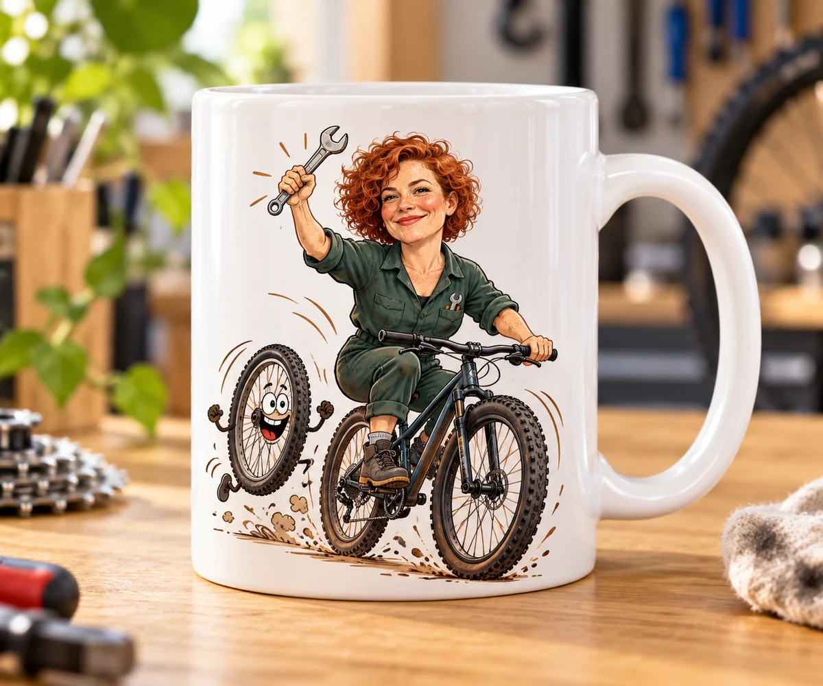Comic-Tasse mit einer Fahrradmechanikerin auf dem Fahrrad